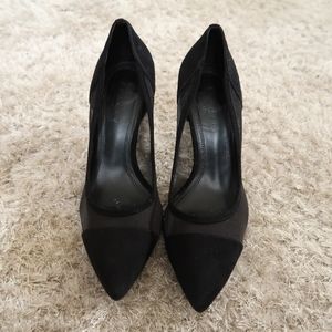 SANDRO Black Suede and Mesh Pointed Toe Heels